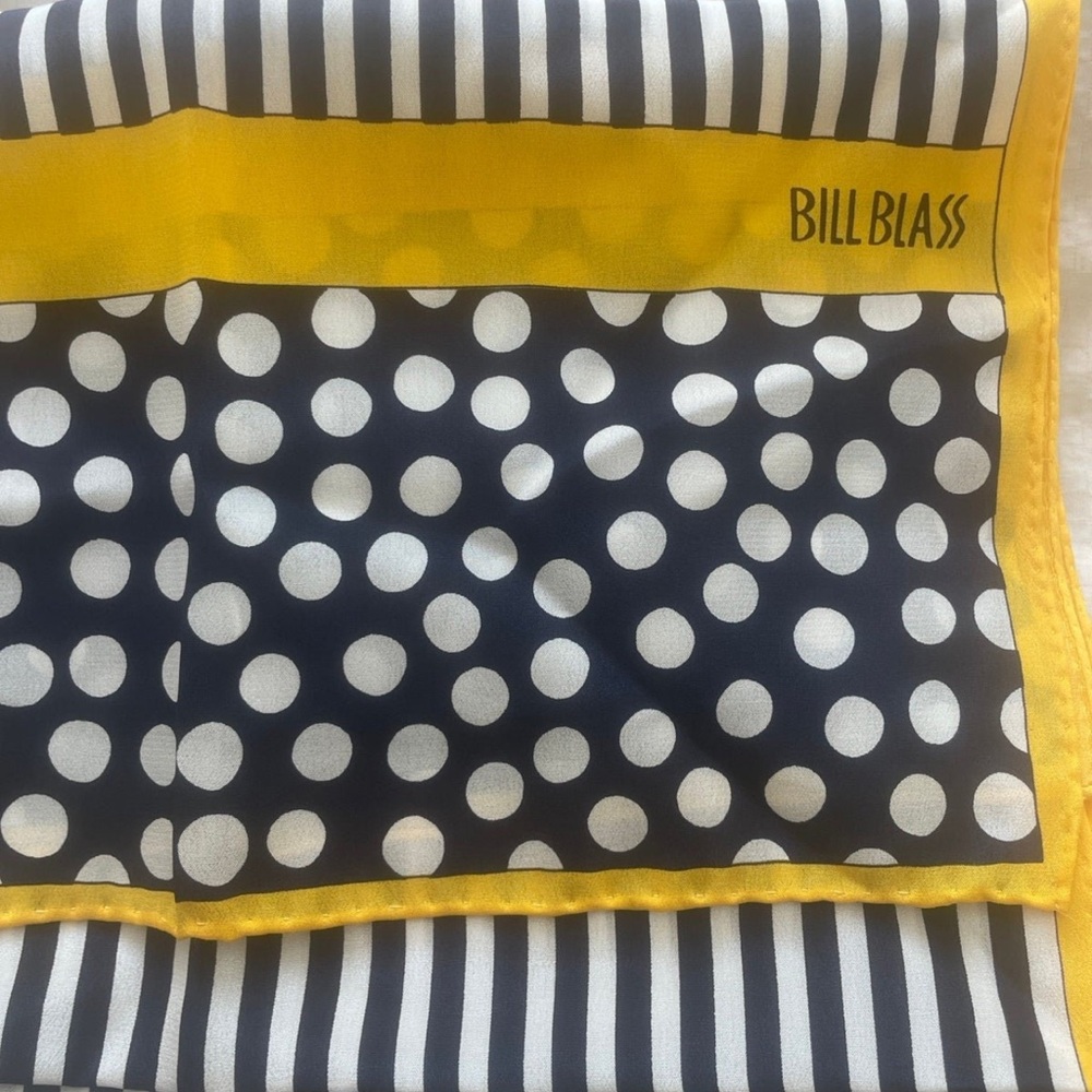 Vintage BILL BLASS Blue & Yellow Striped and Polka Dot Silk Scarf - Picture 6 of 12